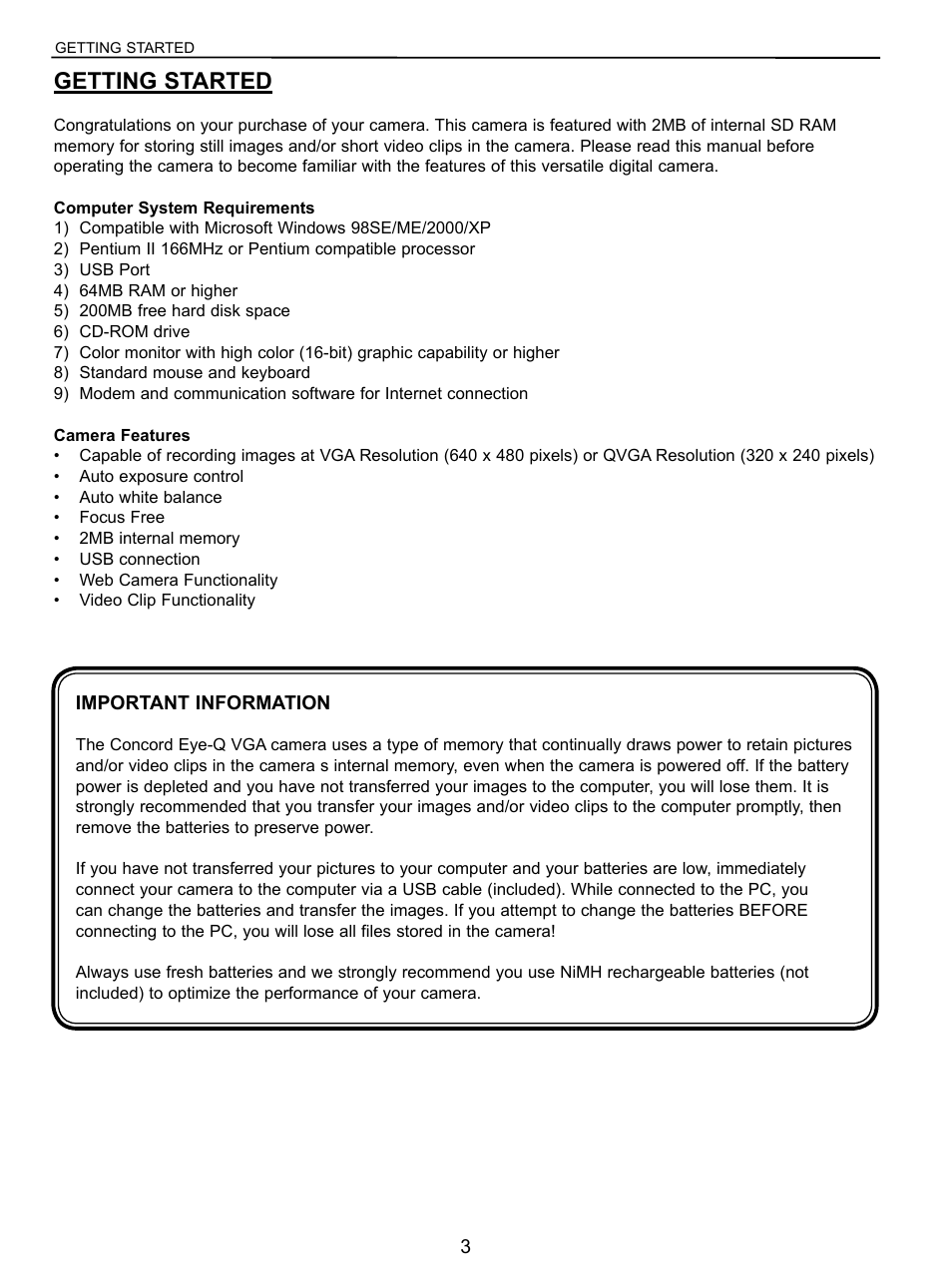 Getting started, Camera features, Important information | Taking video clips | Concord Camera Eye-Q User Manual | Page 4 / 30