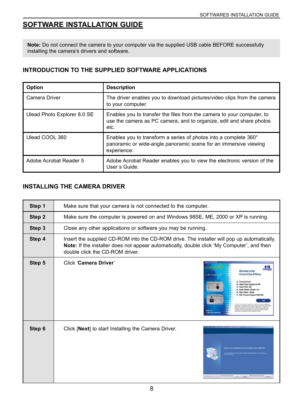 Software installation guide, Introduction to the supplied software applications, Installing the camera driver | Installing the ulead photo explorer 8.0 se | Concord Camera Eye-Q User Manual | Page 9 / 30