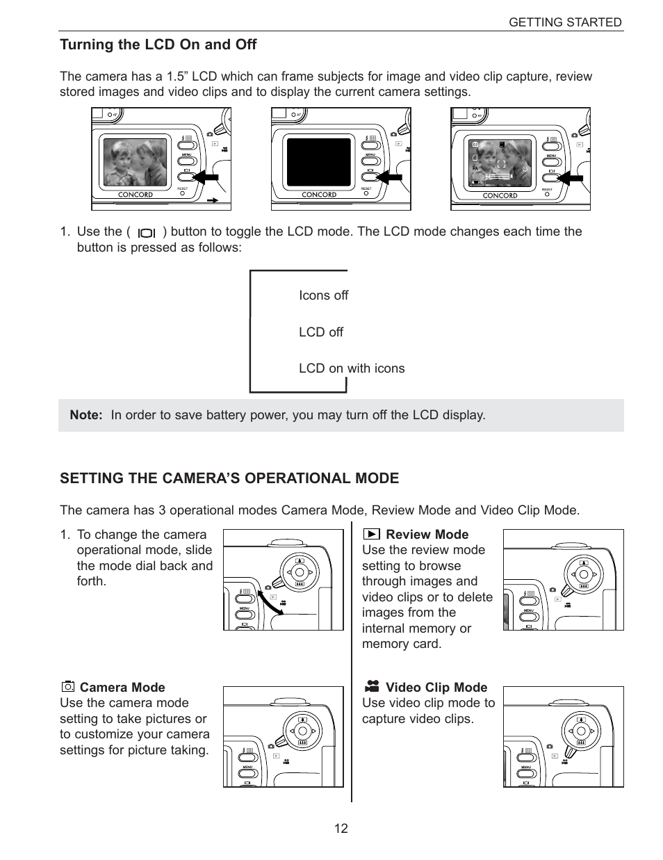 Turning the lcd on and off, Setting the camera’s operational mode | Concord Camera Eye-Q 3340z User Manual | Page 13 / 66