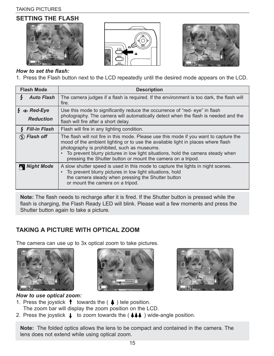 Setting the flash, Taking a picture with optical zoom, Taking pictures | Reduction | Concord Camera Eye-Q 3340z User Manual | Page 16 / 66