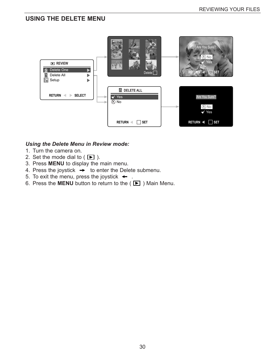 Using the delete menu, Reviewing your files | Concord Camera Eye-Q 3340z User Manual | Page 31 / 66
