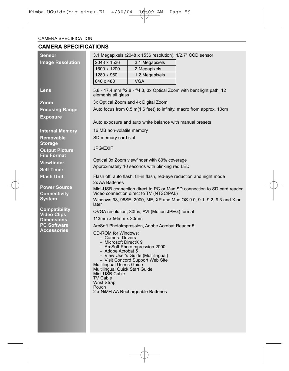 Camera specifications | Concord Camera Eye-Q 3340z User Manual | Page 62 / 66