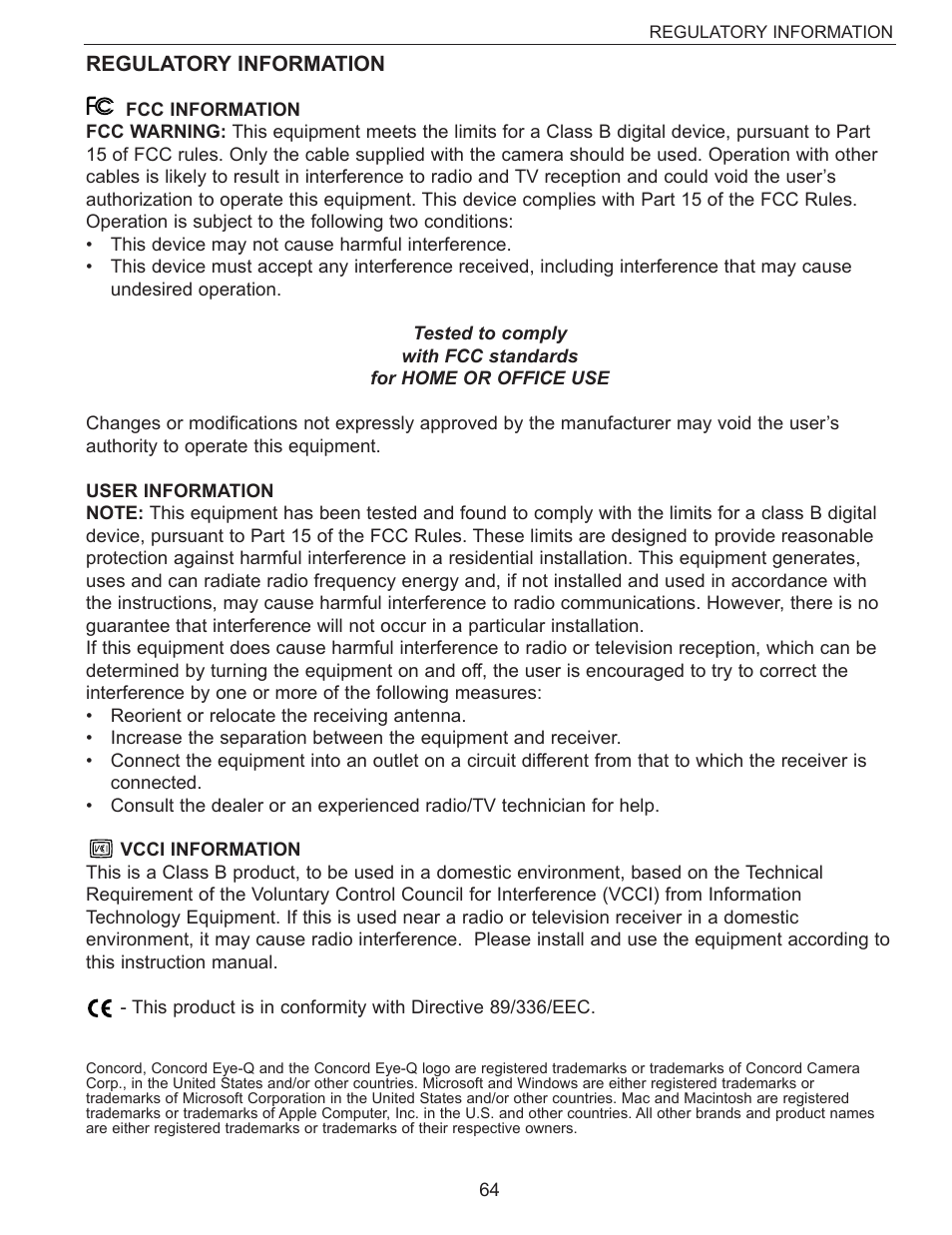 Regulatory information | Concord Camera Eye-Q 3340z User Manual | Page 65 / 66