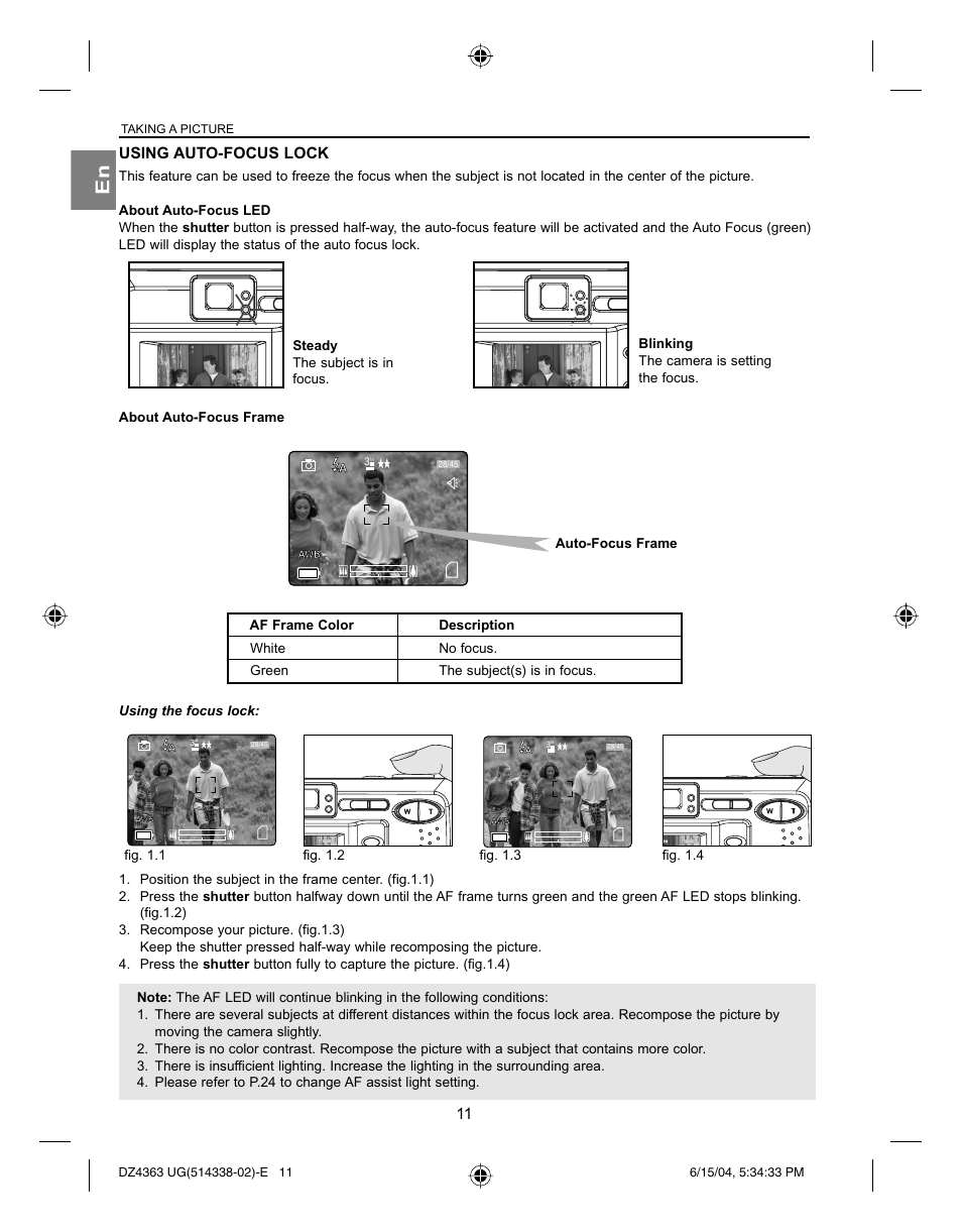 Using auto-focus lock, Fig. 1.1, Auto-focus frame | Taking a picture | Concord Camera Concord Eye-Q 4363z User Manual | Page 13 / 74