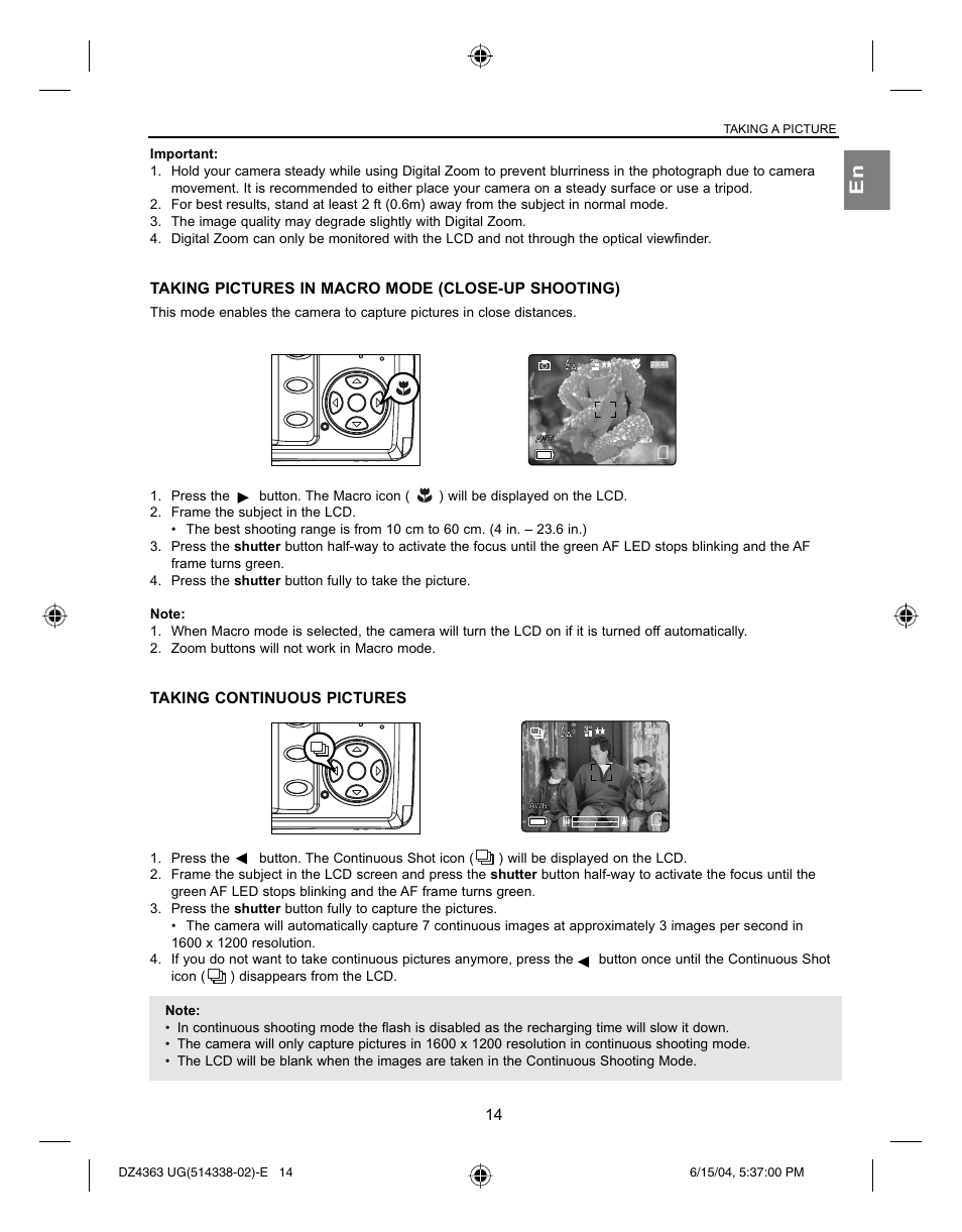 Taking pictures in macro mode (close-up shooting), Taking continuous pictures, Taking a picture | Concord Camera Concord Eye-Q 4363z User Manual | Page 16 / 74