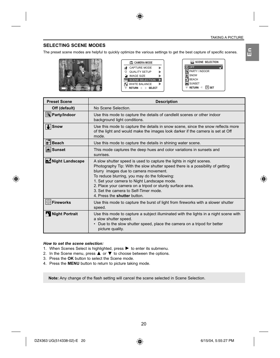 Selecting scene modes | Concord Camera Concord Eye-Q 4363z User Manual | Page 22 / 74