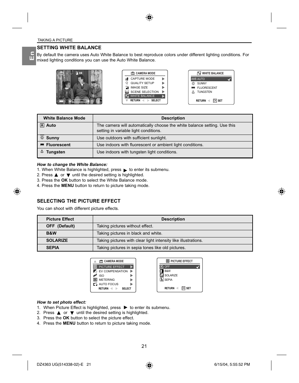 Setting white balance, Selecting the picture effect | Concord Camera Concord Eye-Q 4363z User Manual | Page 23 / 74