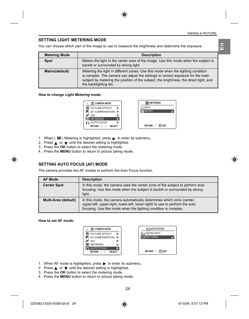 Setting light metering mode, Setting auto focus (af) mode | Concord Camera Concord Eye-Q 4363z User Manual | Page 26 / 74