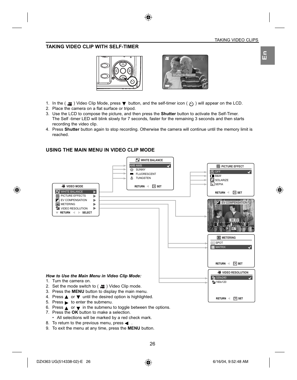 Taking video clip with self-timer, Using the main menu in video clip mode, Taking video clips | Concord Camera Concord Eye-Q 4363z User Manual | Page 28 / 74