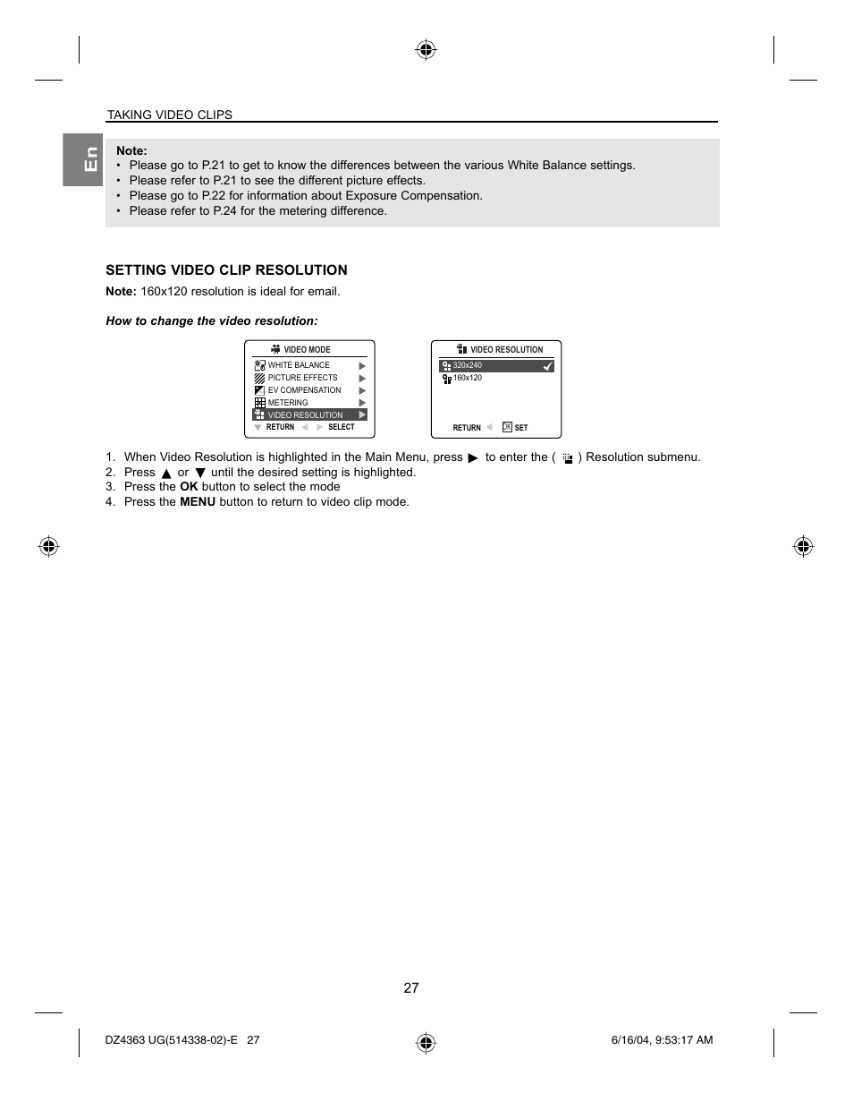 Setting video clip resolution | Concord Camera Concord Eye-Q 4363z User Manual | Page 29 / 74