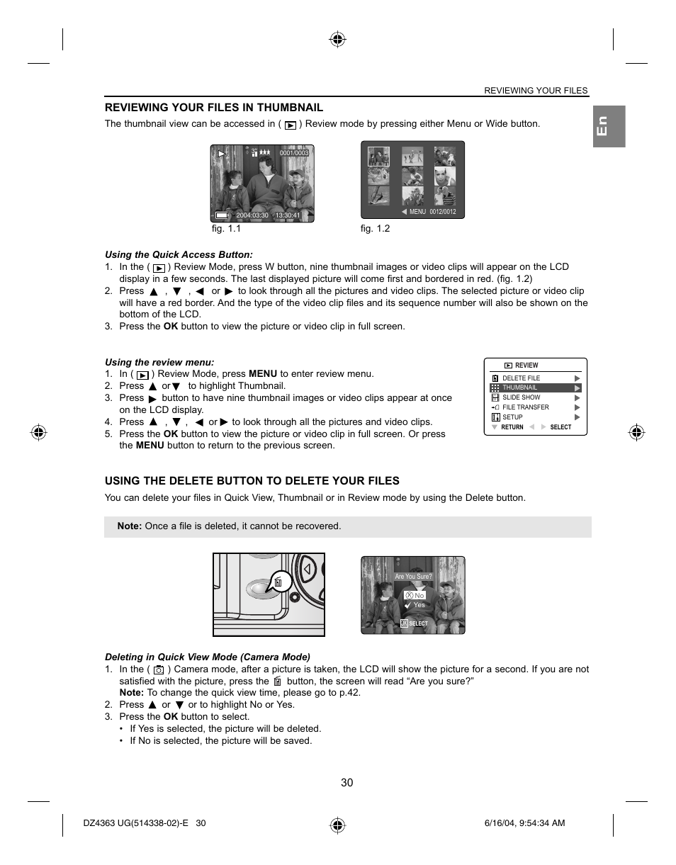 Reviewing your files in thumbnail, Using the delete button to delete your files, Fig. 1.1 fig. 1.2 | Concord Camera Concord Eye-Q 4363z User Manual | Page 32 / 74