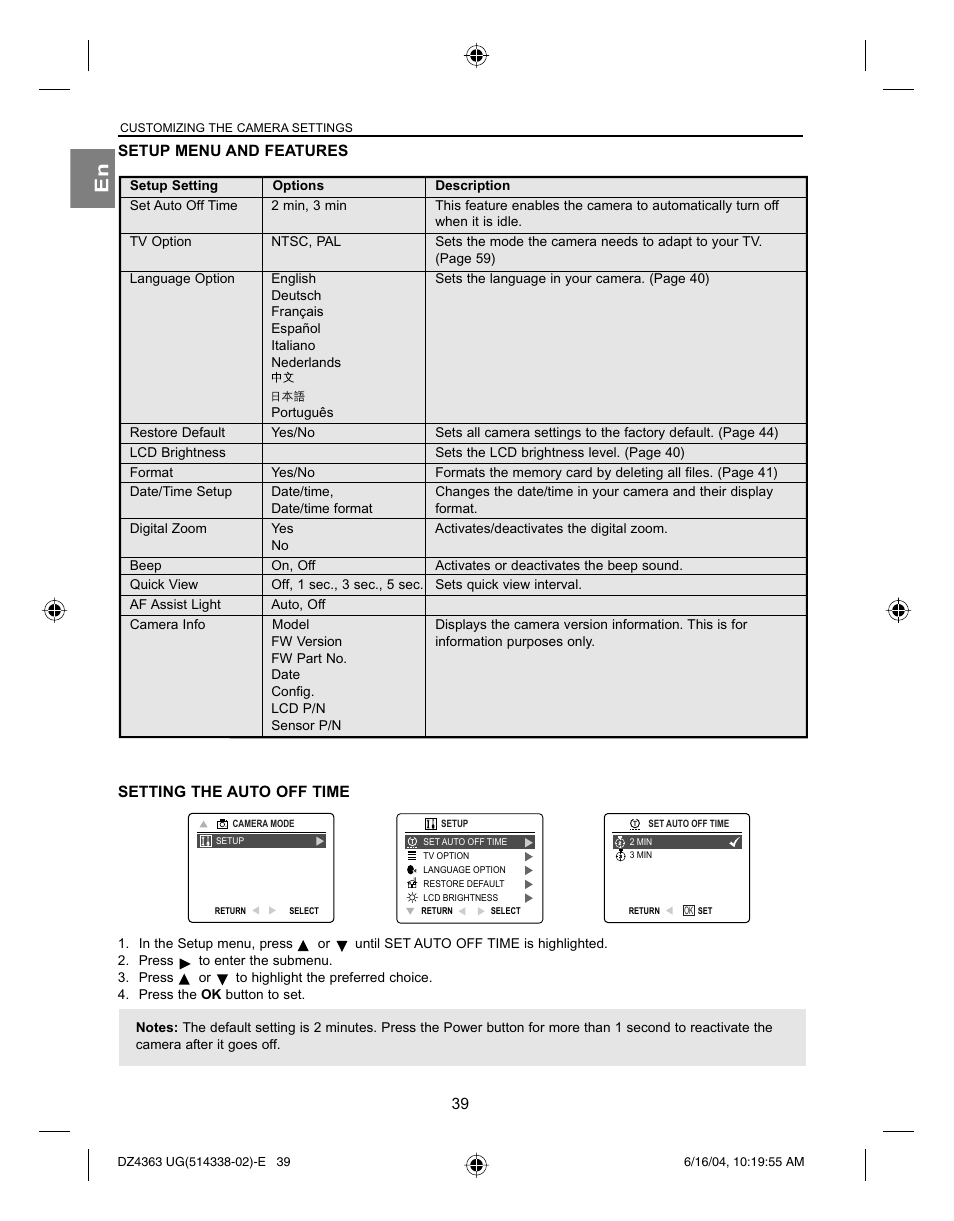 Setup menu and features, Setting the auto off time | Concord Camera Concord Eye-Q 4363z User Manual | Page 41 / 74