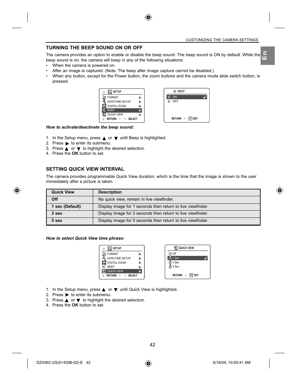 Turning the beep sound on or off, Setting quick view interval | Concord Camera Concord Eye-Q 4363z User Manual | Page 44 / 74