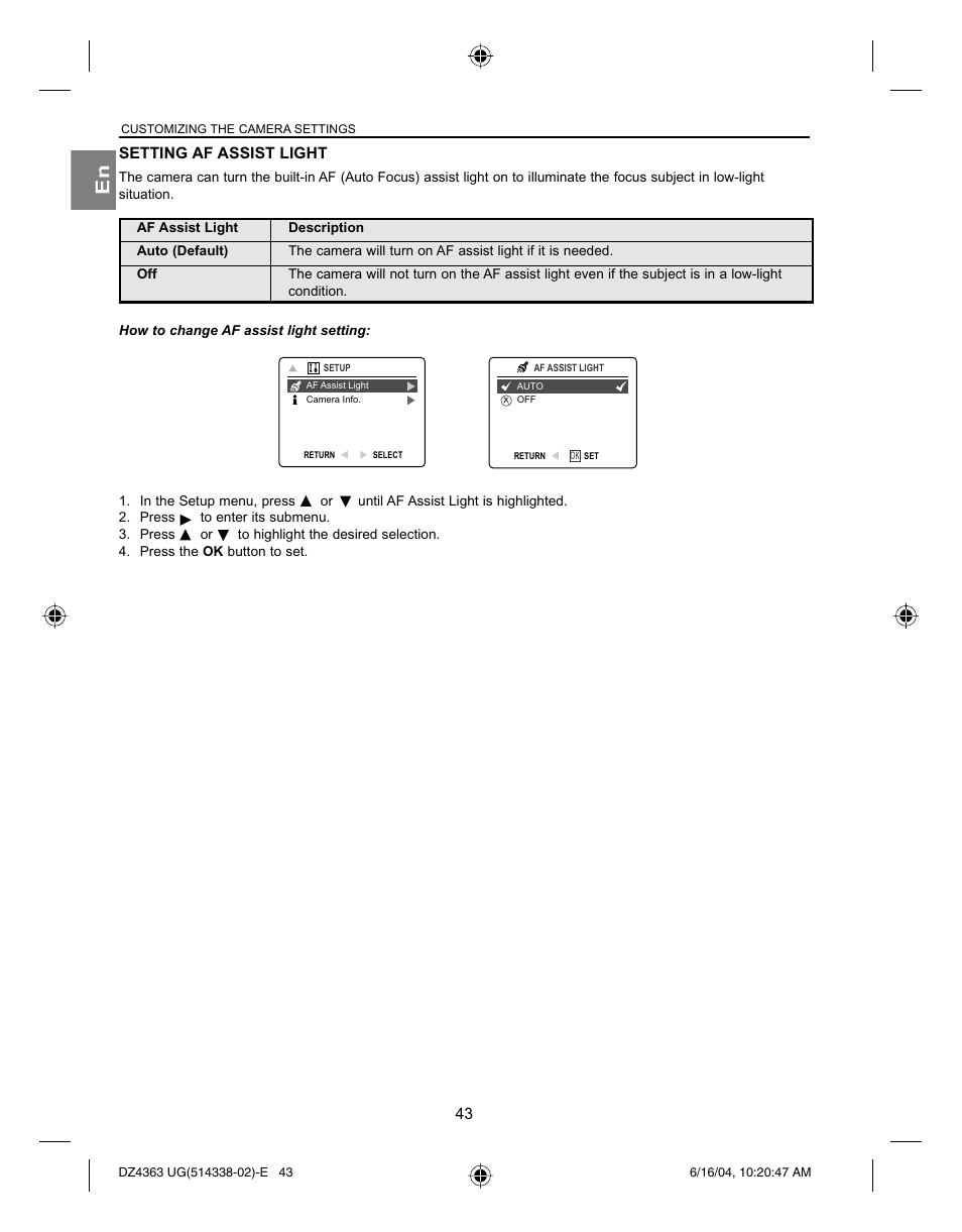 Setting af assist light | Concord Camera Concord Eye-Q 4363z User Manual | Page 45 / 74