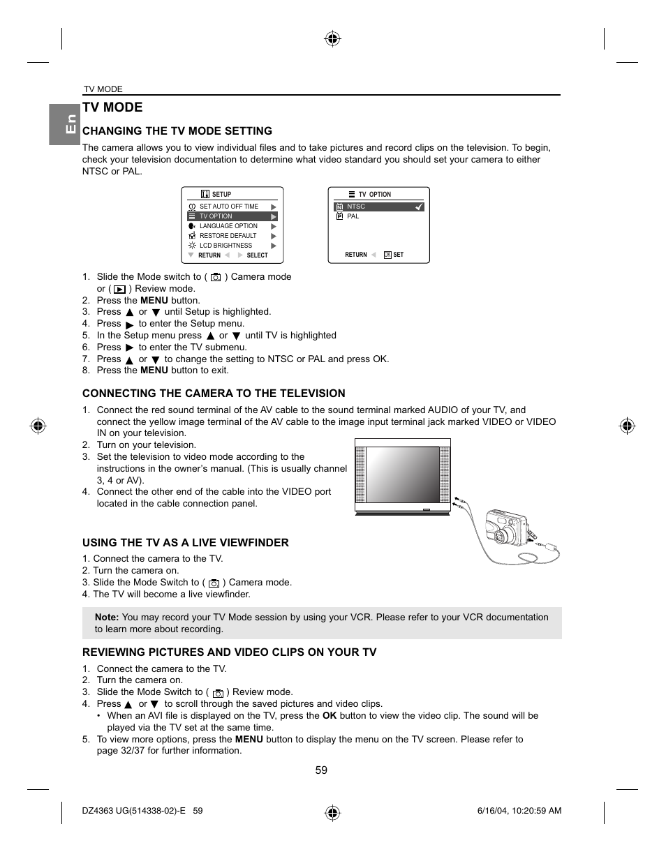 En tv mode, Changing the tv mode setting, Connecting the camera to the television | Using the tv as a live viewfinder, Reviewing pictures and video clips on your tv | Concord Camera Concord Eye-Q 4363z User Manual | Page 61 / 74