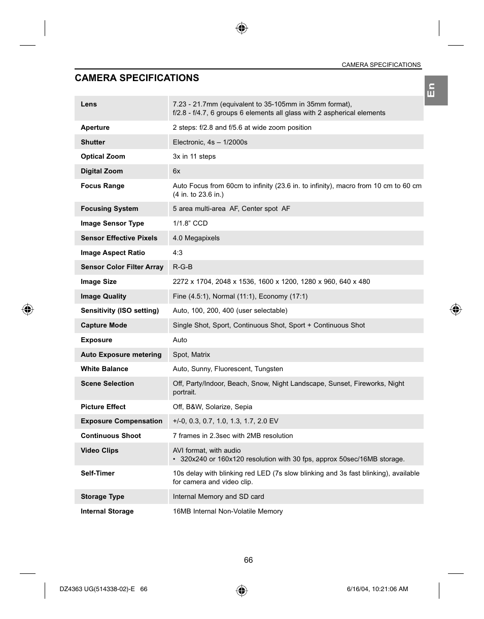 En camera specifications | Concord Camera Concord Eye-Q 4363z User Manual | Page 68 / 74