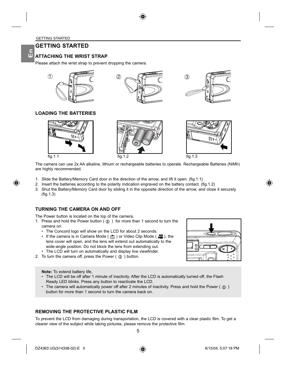 En getting started, Attaching the wrist strap, Loading the batteries | Turning the camera on and off, Removing the protective plastic film, Getting started | Concord Camera Concord Eye-Q 4363z User Manual | Page 7 / 74