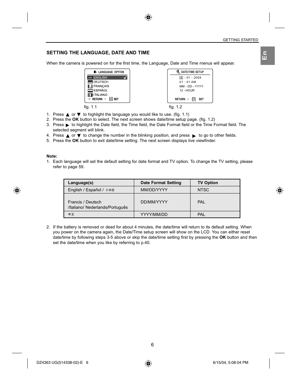 Setting the language, date and time | Concord Camera Concord Eye-Q 4363z User Manual | Page 8 / 74