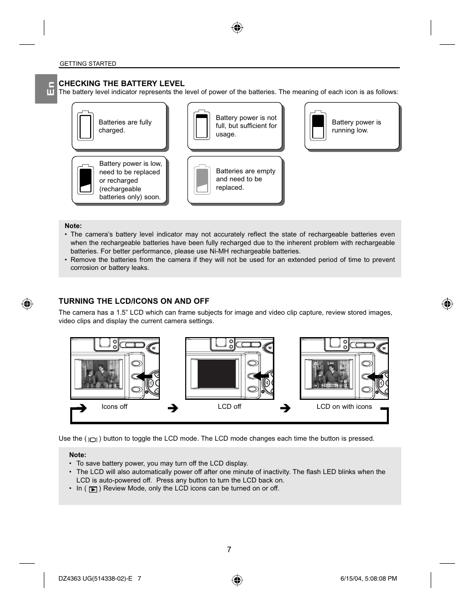 Checking the battery level, Turning the lcd/icons on and off, Icons off lcd off lcd on with icons | Getting started | Concord Camera Concord Eye-Q 4363z User Manual | Page 9 / 74