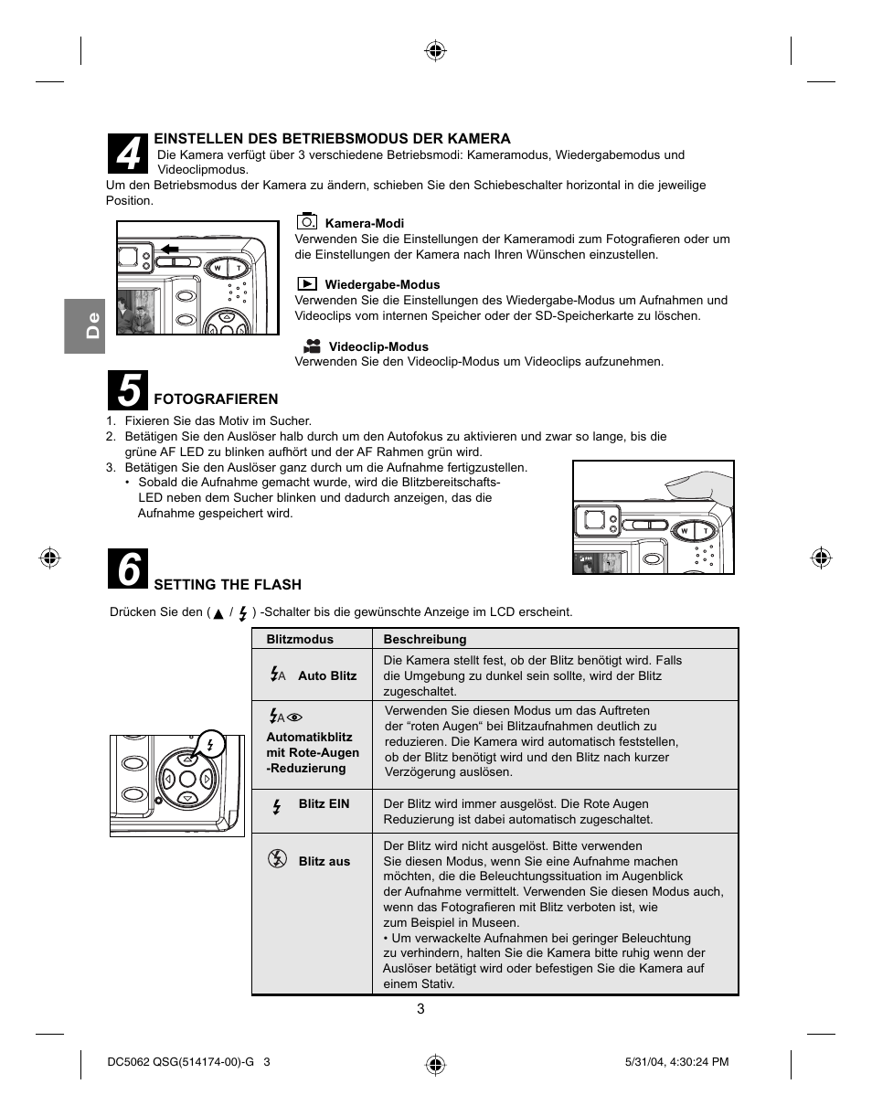Einstellen des betriebsmodus der kamera, Fotografieren, Setting the flash | Concord Camera Eye-Q 5062AF User Manual | Page 21 / 51