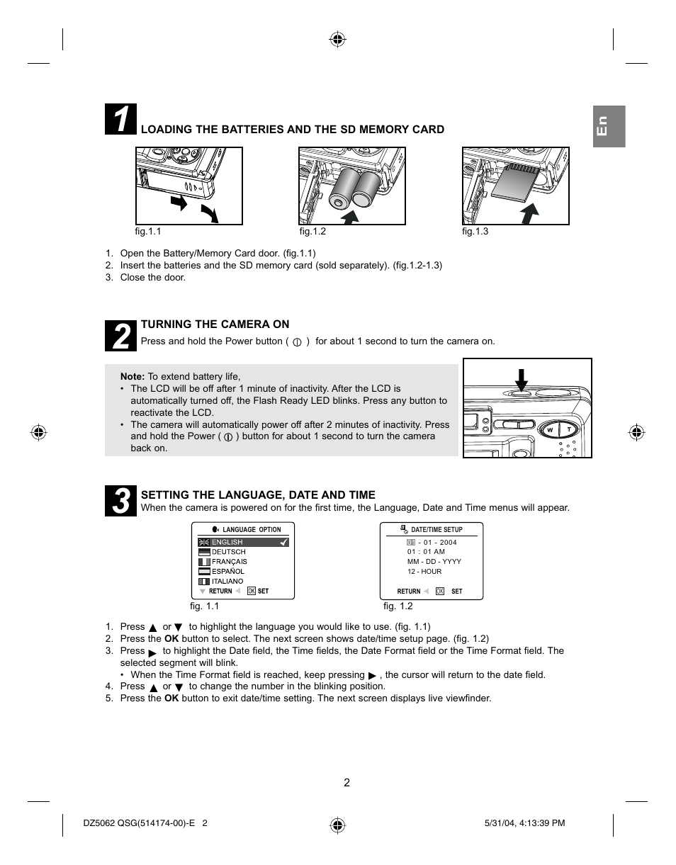 Turning the camera on, Setting the language, date and time | Concord Camera Eye-Q 5062AF User Manual | Page 4 / 51