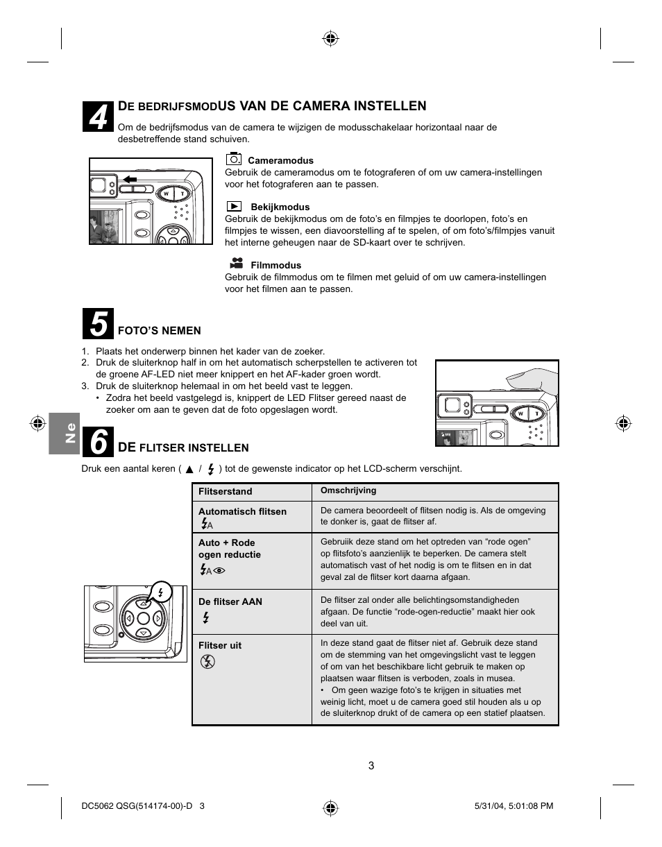 Us van de camera instellen, E bedrijfsmod, Foto’s nemen | Flitser instellen | Concord Camera Eye-Q 5062AF User Manual | Page 45 / 51