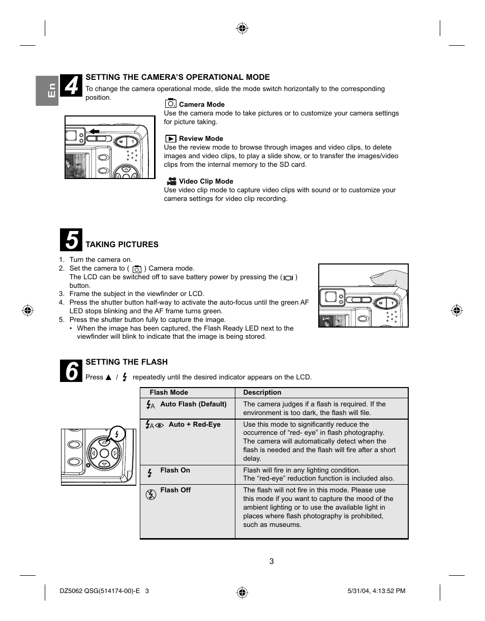 3setting the camera’s operational mode, Taking pictures, Setting the flash | Concord Camera Eye-Q 5062AF User Manual | Page 5 / 51