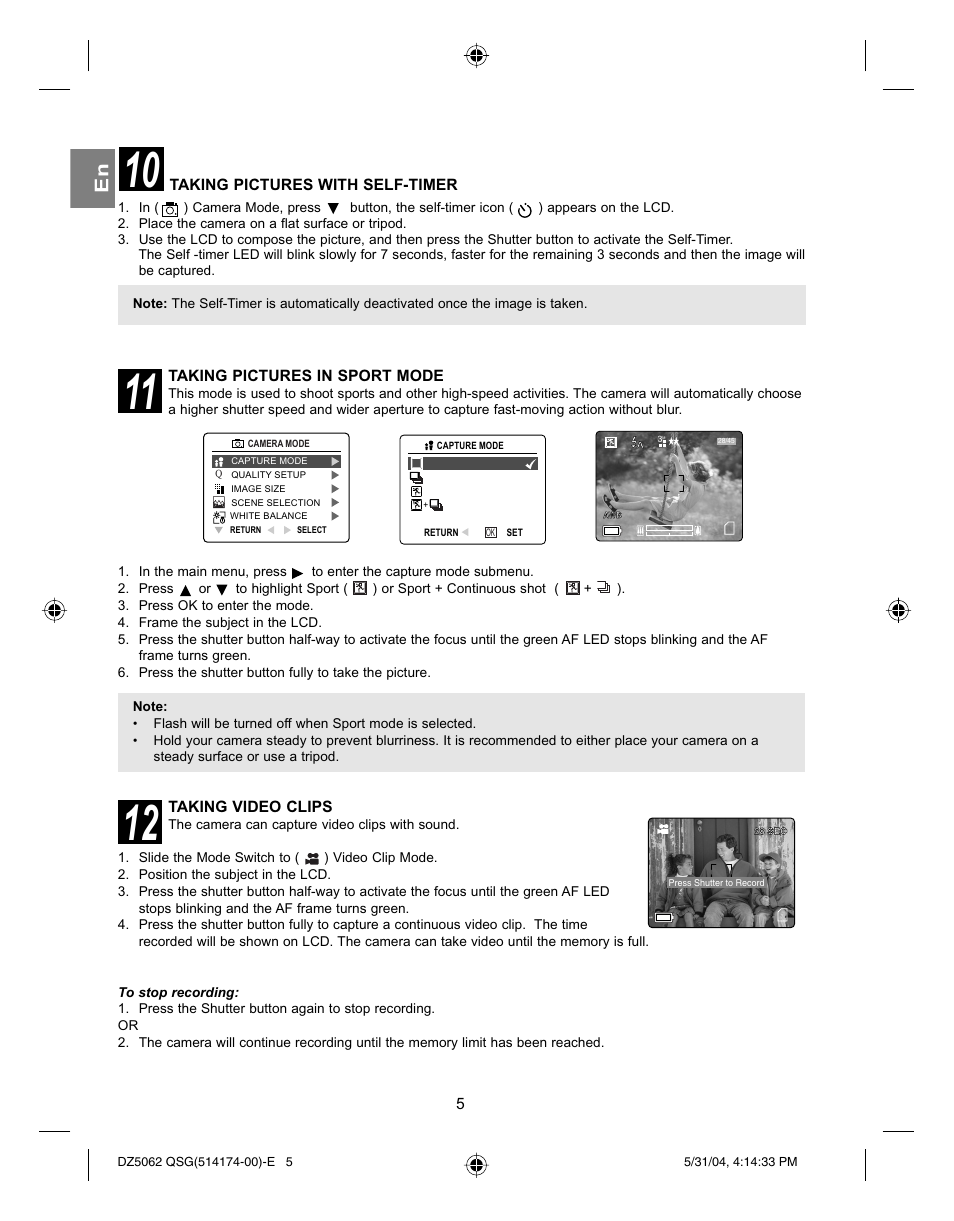 Taking pictures with self-timer, Taking pictures in sport mode, Taking video clips | Concord Camera Eye-Q 5062AF User Manual | Page 7 / 51