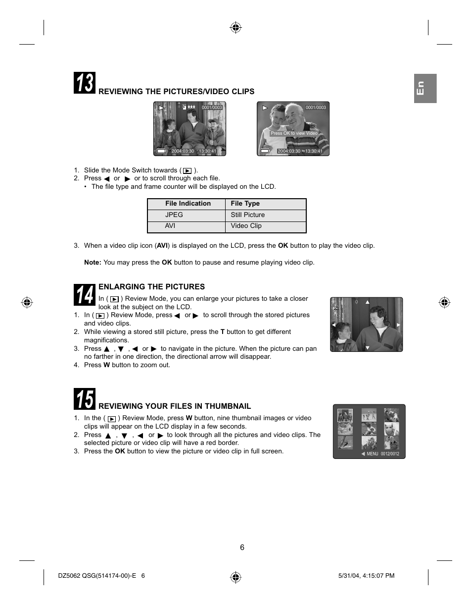 Reviewing the pictures/video clips, Enlarging the pictures, Reviewing your files in thumbnail | Concord Camera Eye-Q 5062AF User Manual | Page 8 / 51