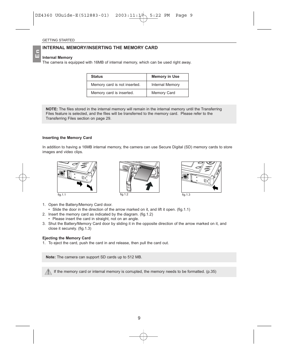 Internal memory/inserting the memory card, Inserting the memory card, Ejecting the memory card | Concord Camera 4360Z User Manual | Page 10 / 61