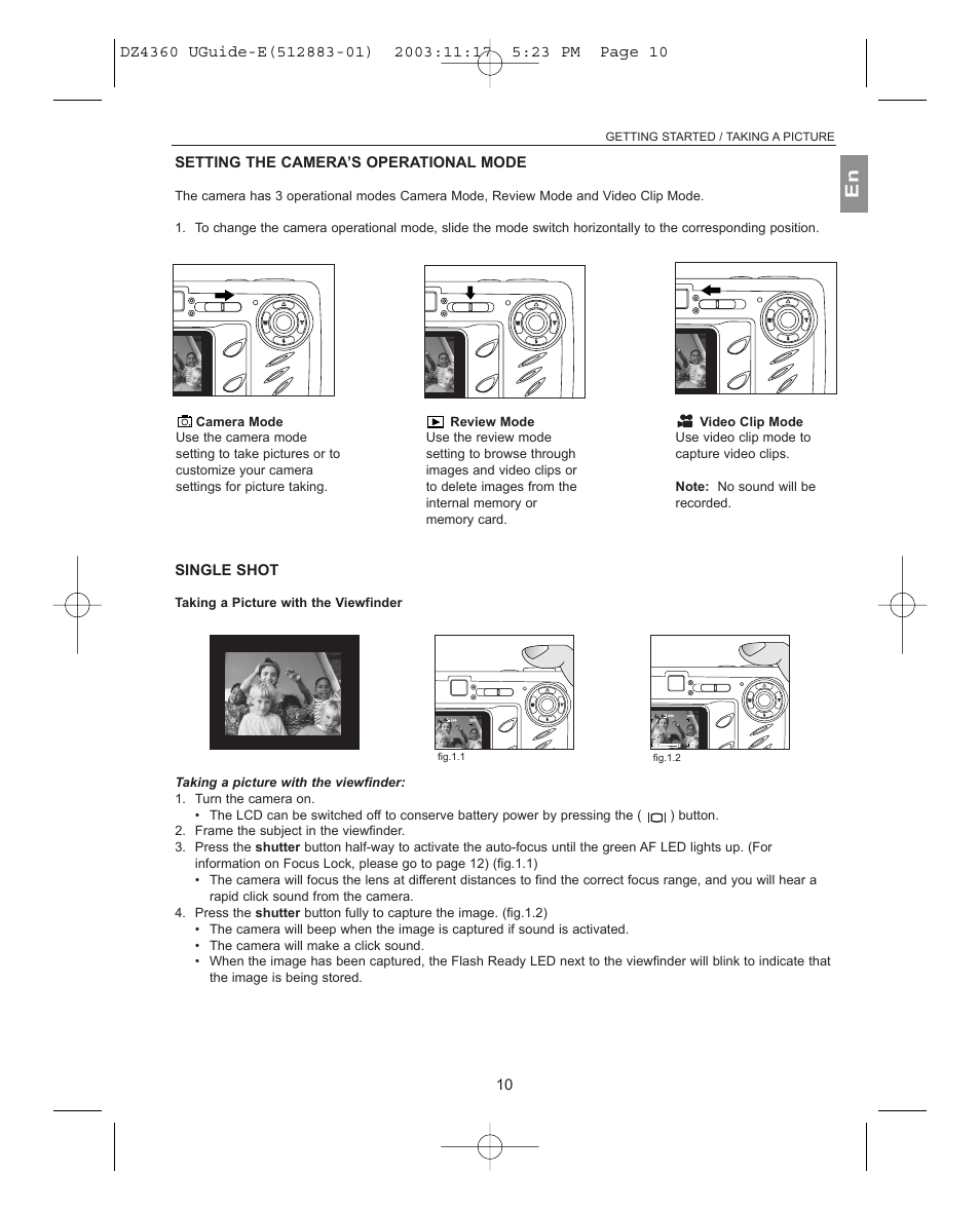 Setting the camera’s operational mode, Taking a picture, Taking a picture with the viewfinder | 10 setting the camera’s operational mode, Single shot, Getting started / taking a picture, Fig.1.1, Fig.1.2 | Concord Camera 4360Z User Manual | Page 11 / 61