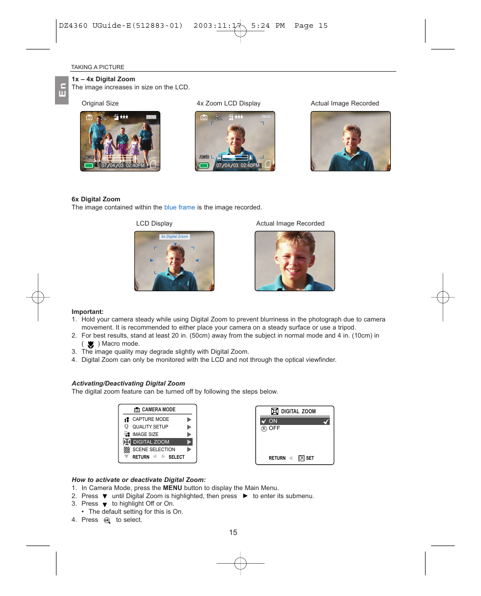 Activating/deactivating digital zoom | Concord Camera 4360Z User Manual | Page 16 / 61