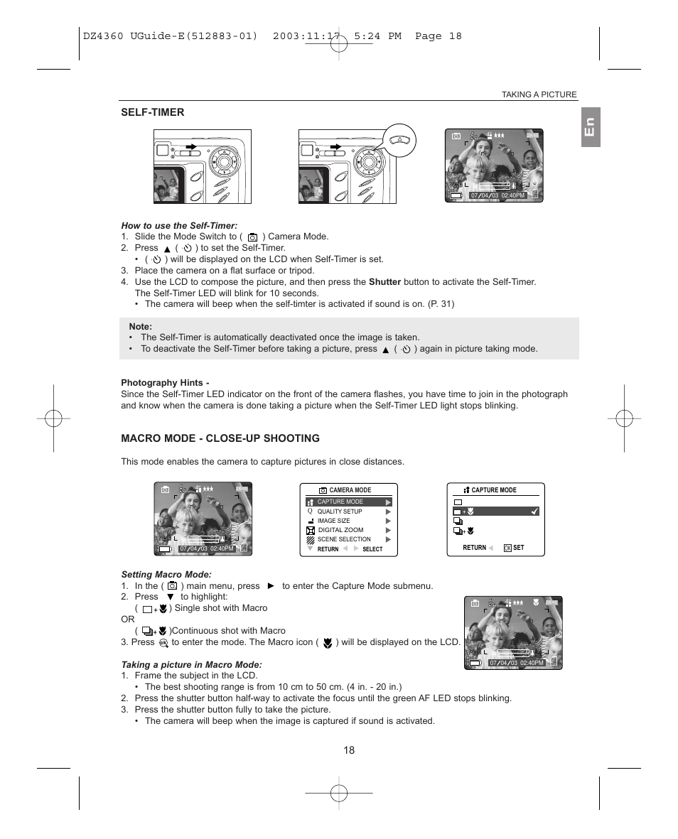 Self-timer, Macro mode - close-up shooting, Taking a picture | Concord Camera 4360Z User Manual | Page 19 / 61