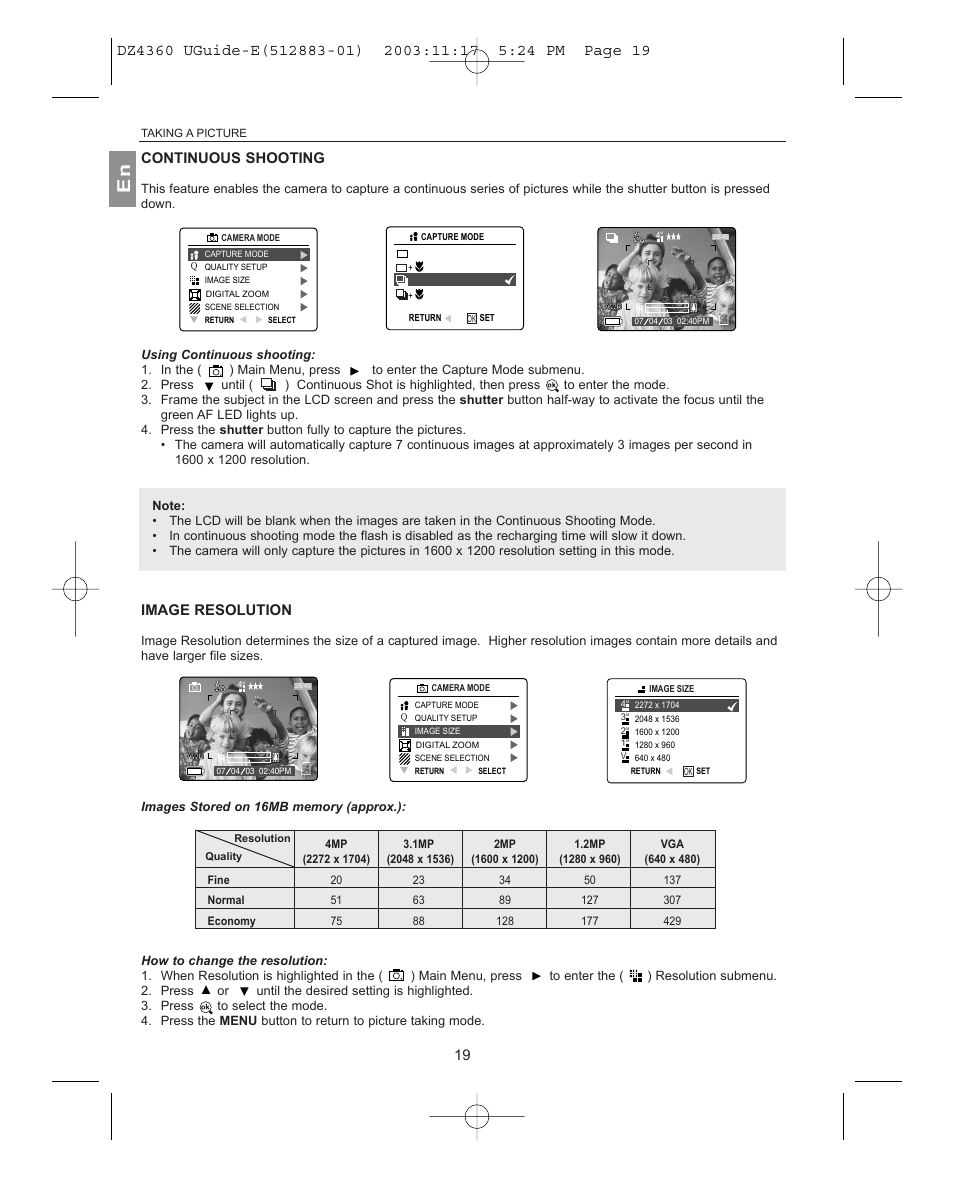 Continuous shooting, Image resolution | Concord Camera 4360Z User Manual | Page 20 / 61