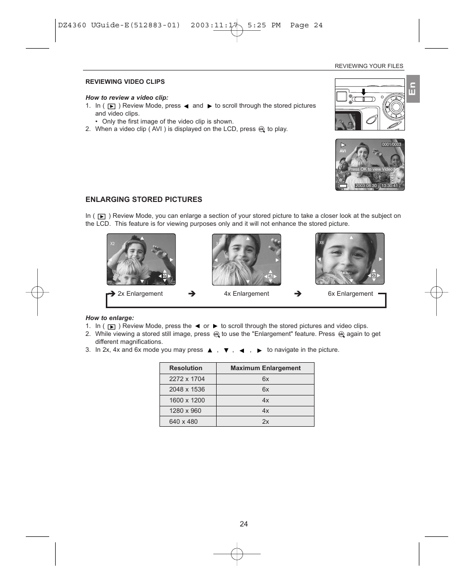 Enlarging stored pictures, 2x enlargement 4x enlargement 6x enlargement | Concord Camera 4360Z User Manual | Page 25 / 61