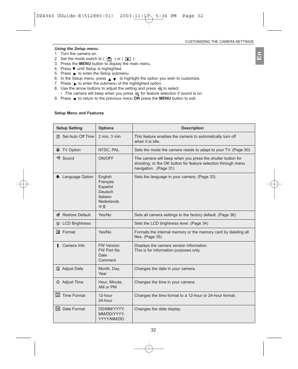 Using the setup menu, Setup menu and features | Concord Camera 4360Z User Manual | Page 33 / 61