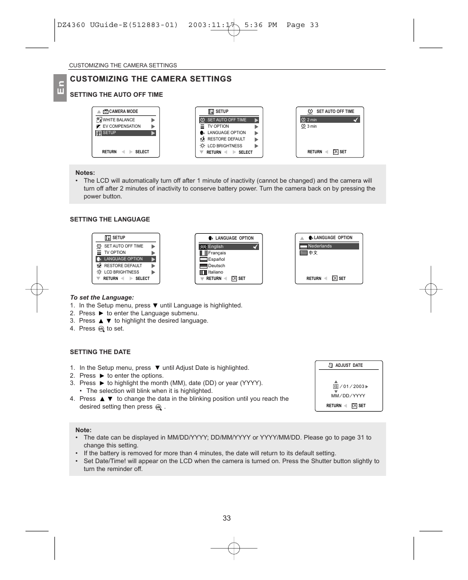 Setting the auto off time, Setting the language, Setting the date | Cust | Concord Camera 4360Z User Manual | Page 34 / 61