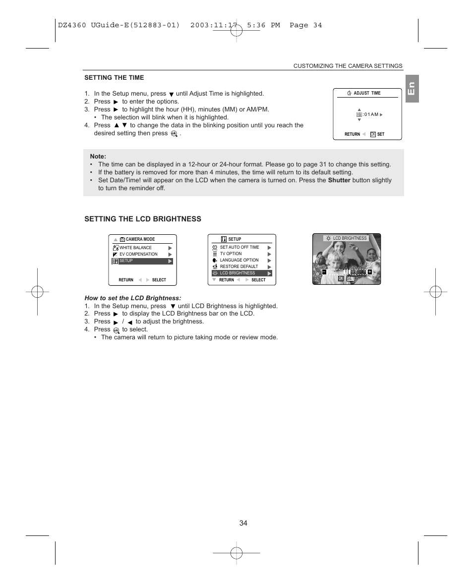 Setting the time, Setting the lcd brightness | Concord Camera 4360Z User Manual | Page 35 / 61