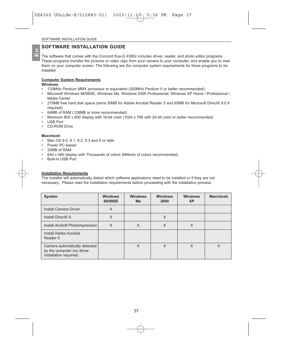 Computer system requirements, Windows, Macintosh | Installation requirements | Concord Camera 4360Z User Manual | Page 38 / 61