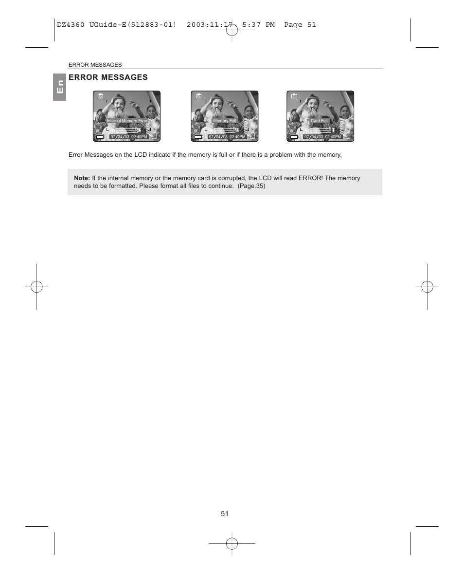 Error messages error messages, Error messages | Concord Camera 4360Z User Manual | Page 52 / 61