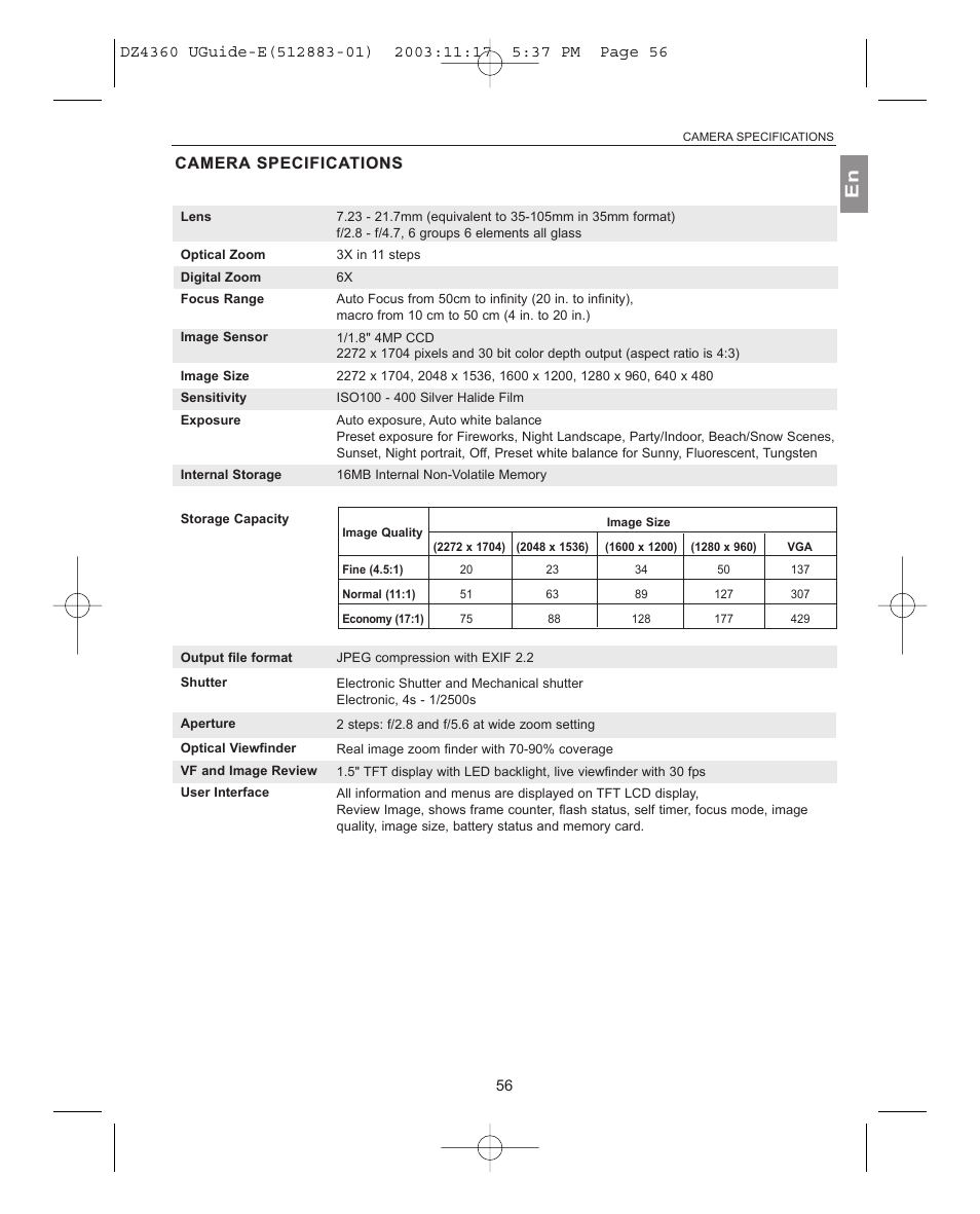 Camera camera specifications | Concord Camera 4360Z User Manual | Page 57 / 61