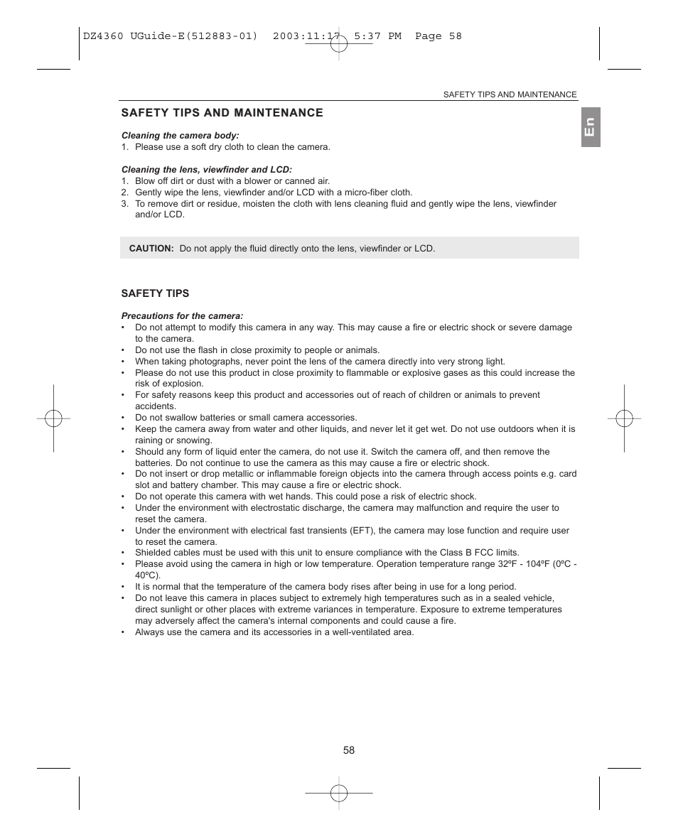Safety safety tips tips and and maintenance, Cleaning the camera body, Precautions for the camera | Concord Camera 4360Z User Manual | Page 59 / 61