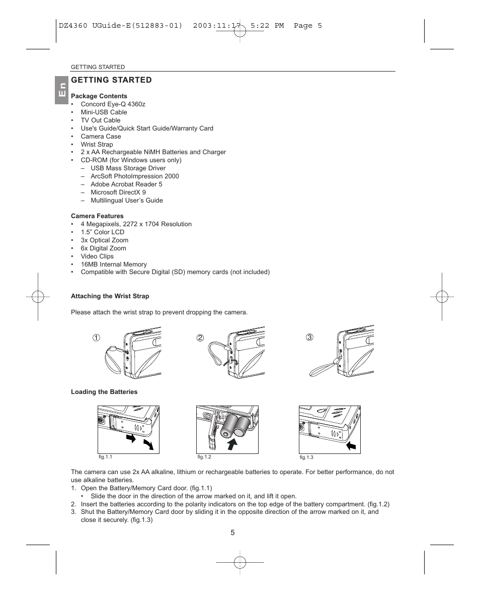 Getting getting started, Package contents, Camera features | Attaching the wrist strap, Loading the batteries, Getting st, Getting st arted arted, Getting started | Concord Camera 4360Z User Manual | Page 6 / 61