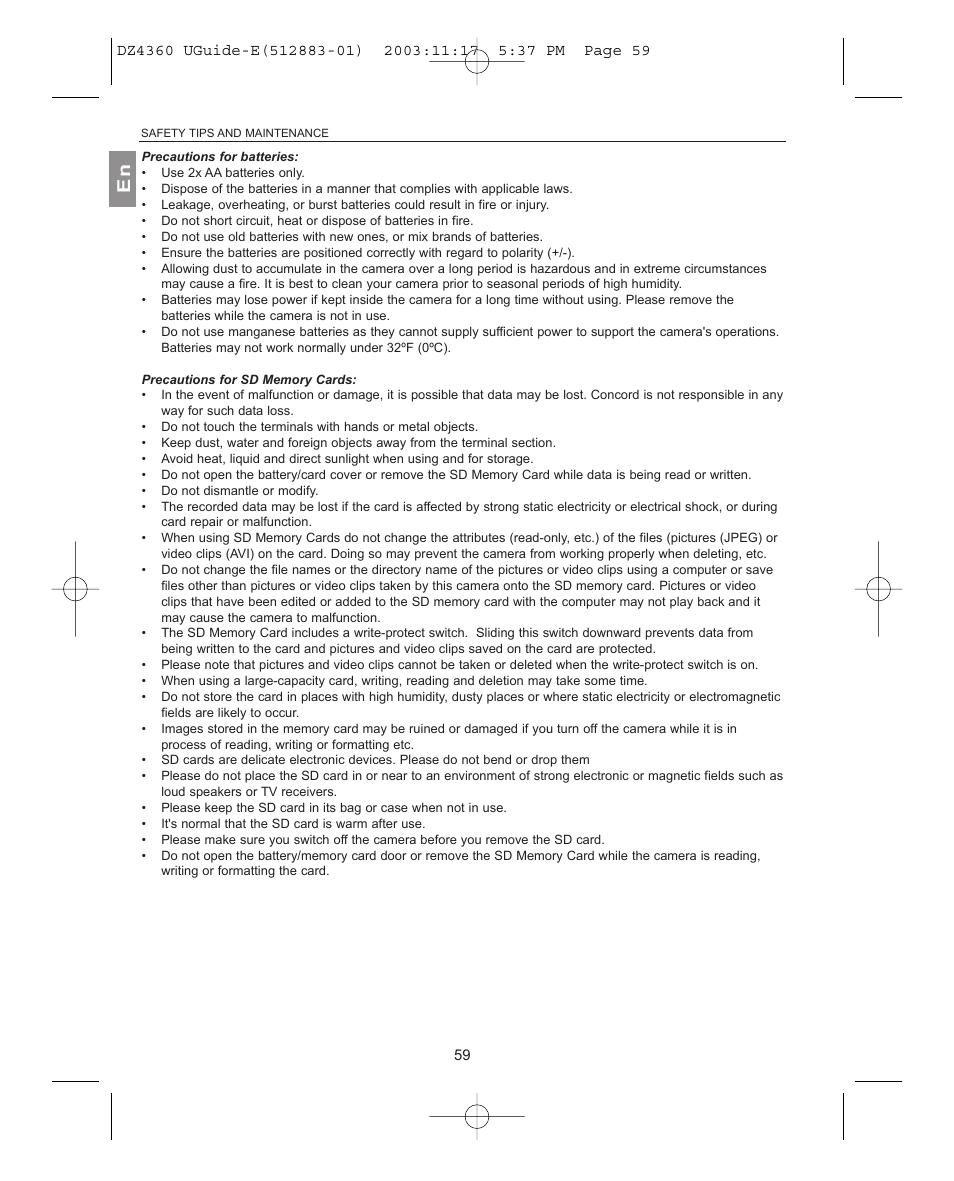 Precautions for batteries, Precautions for sd memory cards | Concord Camera 4360Z User Manual | Page 60 / 61