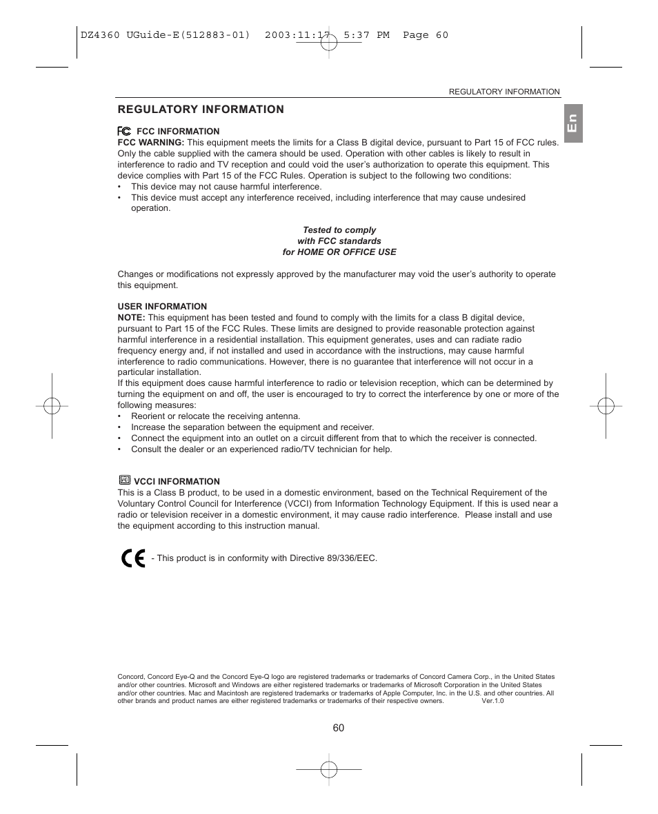 Regula regulator ory information | Concord Camera 4360Z User Manual | Page 61 / 61