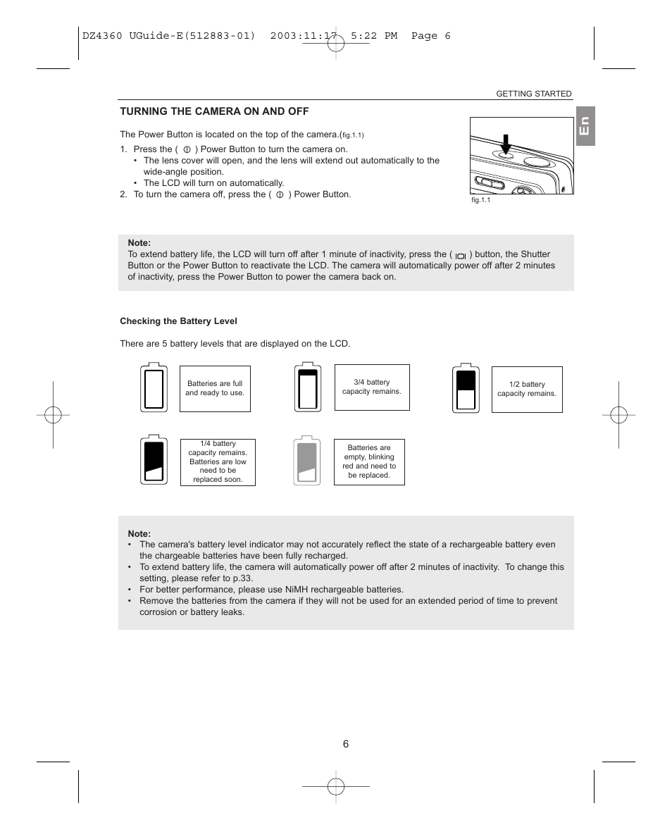 Turning the camera on and off, Checking the battery level | Concord Camera 4360Z User Manual | Page 7 / 61