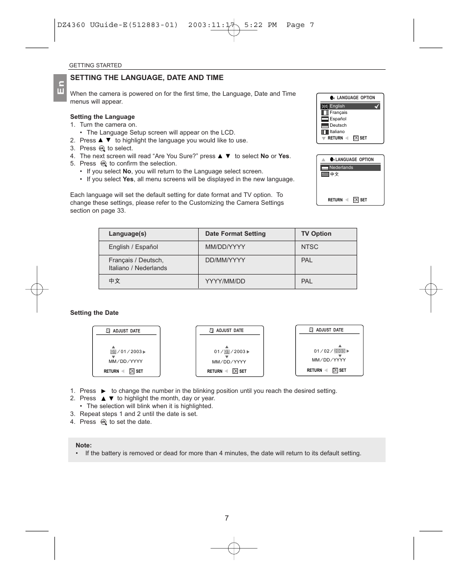 Setting the language, date and time, Setting the language, Setting the date | Concord Camera 4360Z User Manual | Page 8 / 61