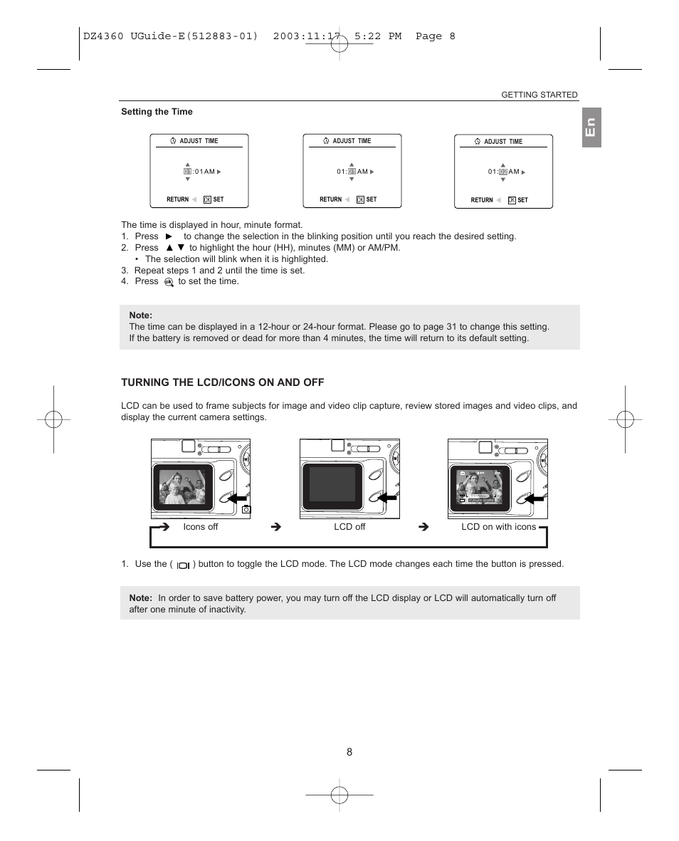 Setting the time, Turning the lcd/icons on and off, Icons off lcd off lcd on with icons | Getting started | Concord Camera 4360Z User Manual | Page 9 / 61