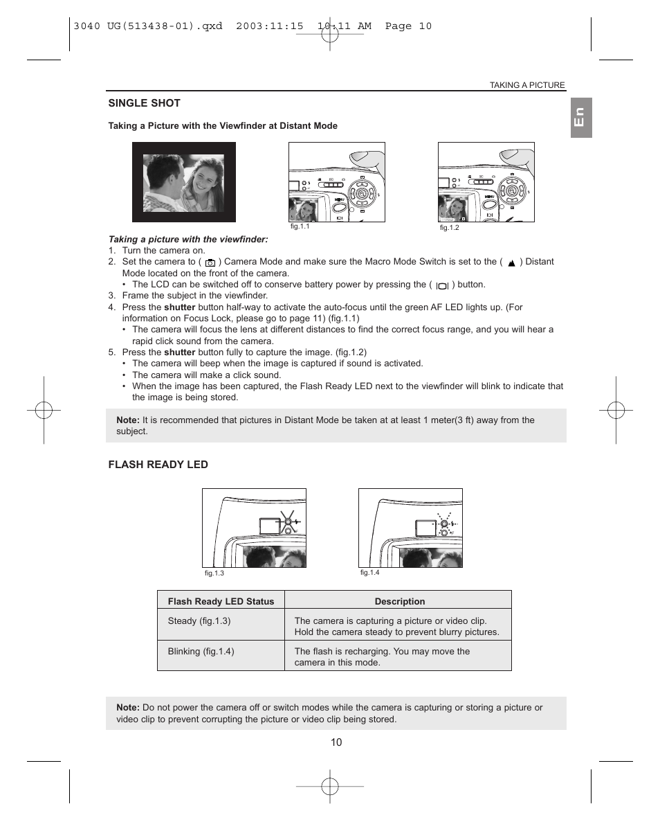 Taking a picture, Flash ready led, Single shot | Fig.1.1, Fig.1.2, Fig.1.3 fig.1.4 | Concord Camera 3040AF User Manual | Page 11 / 54