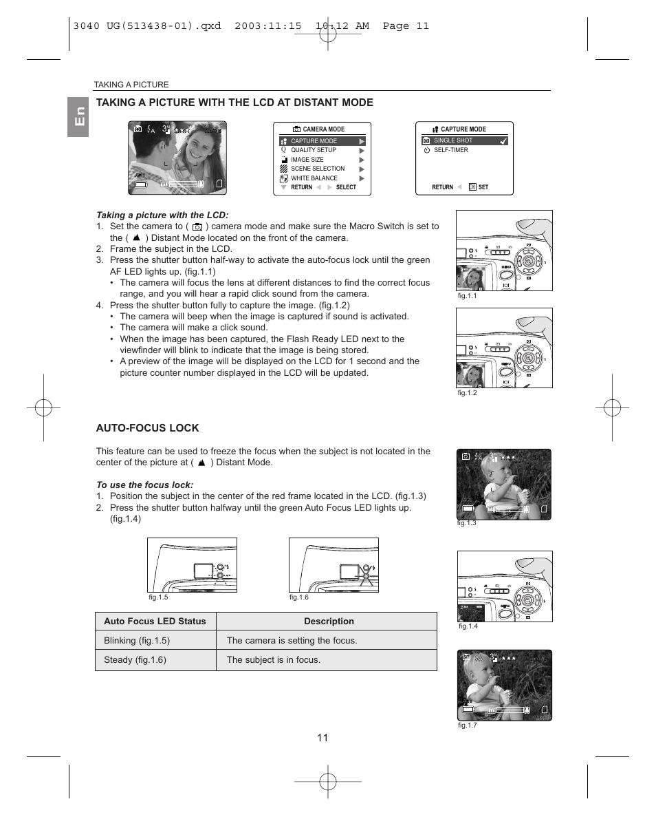 Taking a picture with the lcd at distant mode, Auto-focus lock, Taking a picture | Fig.1.1 fig.1.2 | Concord Camera 3040AF User Manual | Page 12 / 54